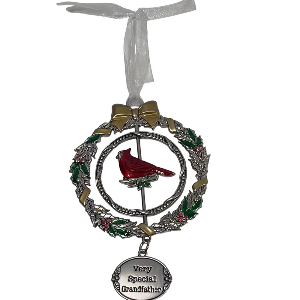 Ganz Special Grandfather Christmas Cardinal Bird Ornament Silver Metal Wreath